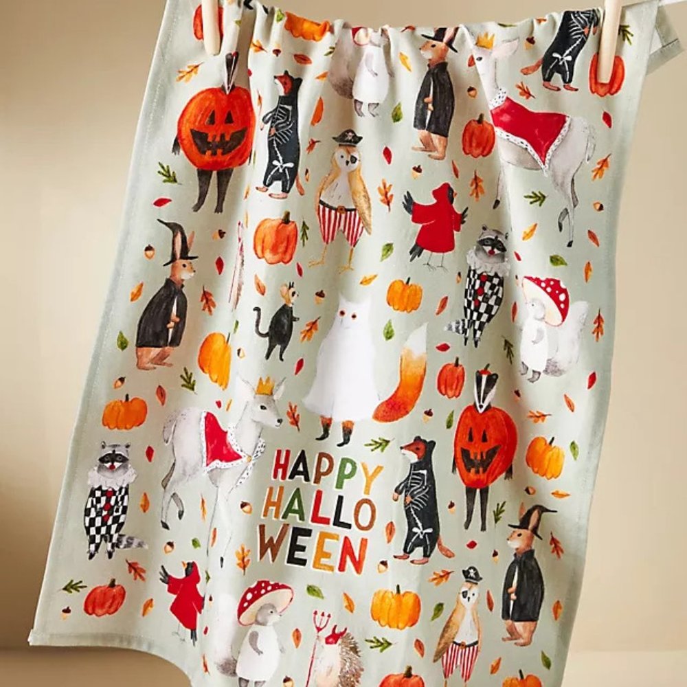 Anthropologie Tricks TREATS Dish Towel Halloween Animals Whimsigoth Fun Costumes